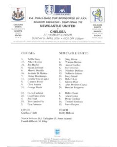 Newcastle United v Chelsea teamsheet 09/04/2000 F.A. Cup Semi-Final