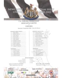 Newcastle United v Chelsea official colour teamsheet 09/09/2000 Premier League, signed