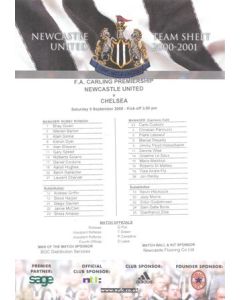 Newcastle United v Chelsea official colour teamsheet 09/09/2000 Premier League
