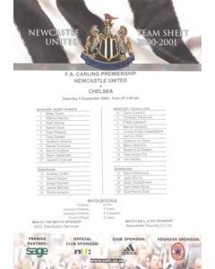 Newcastle United v Chelsea official colour teamsheet 09/09/2000 Carling Premiership