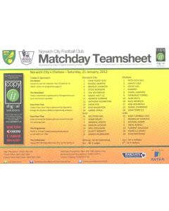 Norwich City v Chelsea official colour teamsheet 21/01/2012 Premier League