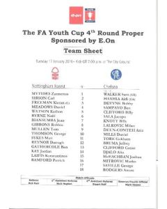 Nottingham Forest v Chelsea official colour teamsheet 12/01/2010 FA Youth Cup