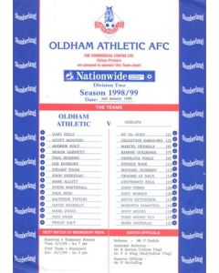 Oldham Athletic v Chelsea official colour teamsheet 02/01/1999 Football League