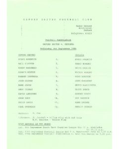 Oxford United v Chelsea official teamsheet 03/09/1986