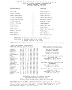 Oxford United v Chelsea Reserves official teamsheet 27/03/1993 Football Combination