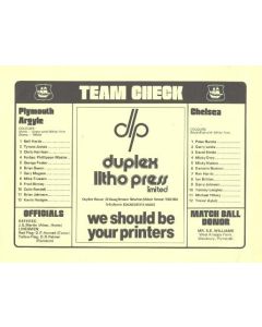 Plymouth Argyle v Chelsea teamsheet probably of season 1972-73