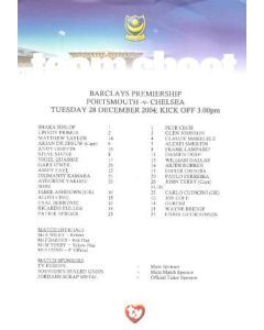 Portsmouth v Chelsea official teamsheet 28/12/2004 Barclays Premiership match
