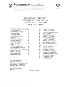 Portsmouth v Chelsea official teamsheet 27/07/2002 Pre-Season Friendly