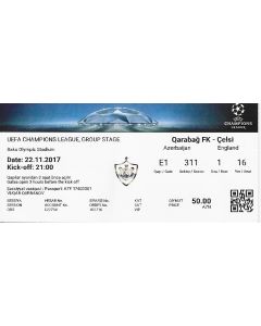 Qarabag V Chelsea Ticket 22/11/2017