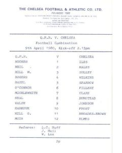 Queen's Park Rangers vChelsea official programme 09/04/1980 Reserves