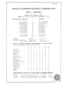 Queen's Park Rangers v Chelsea official teamsheet 21/09/1993 Reserves