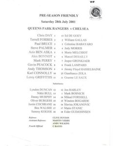 Queen's Park Rangers v Chelsea official teamsheet 28/07/2001 Pre-Season Friendly Match