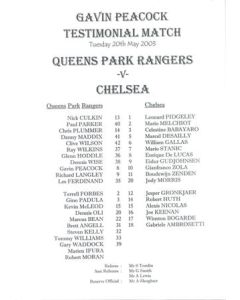 Queen's Park Rangers v Chelsea official teamsheet 20/05/2003 Gavin Peacock Testimonial Match