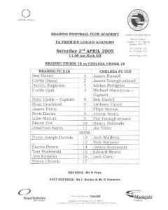 Reading vChelsea U18 official programme 16/04/2005 FA Premier Academy League