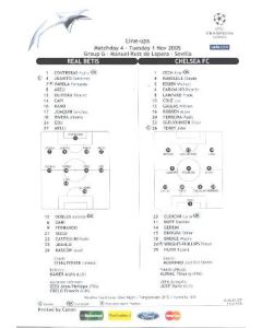 Real Betis v Chelsea Line-Ups sheet 01/11/2005