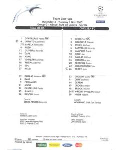 Real Betis v Chelsea teamsheet 01/11/2005 Champions League