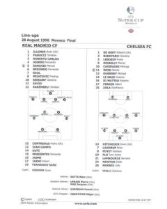 Real Madrid v Chelsea teamsheet 28/08/1998 Super Cup Final in Monaco