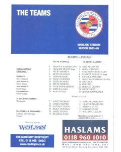 Reading v Chelsea official colour teamsheet 2003-2004