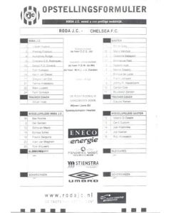 Roda v Chelsea official teamsheet non-programme game 10/08/2002