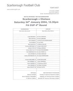 Scarborough v Chelsea official teamsheet 24/01/2004 F.A. Cup