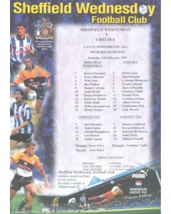 Sheffield Wednesday v Chelsea official colour teamsheet 13/02/1999 F.A. Cup