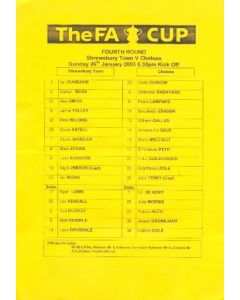 Shrewsbury Town v Chelsea official teamsheet 26/01/2003 FA Cup
