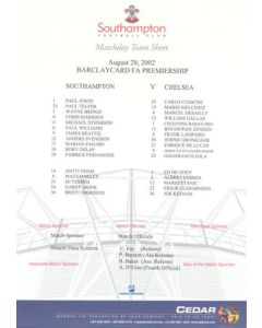 Southampton v Chelsea official colour teamsheet 28/08/2002 Premier League