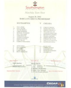 Southampton v Chelsea official colour teamsheet 28/08/2002 Premier League