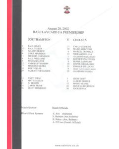 Southampton v Chelsea official colour teamsheet 28/08/2002 Premier League
