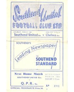 Southend United vChelsea official programme 14/03/1953