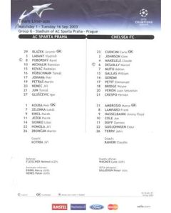 Sparta Prague v Chelsea official teamsheet 16/09/2003 Champions League