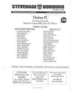 Stavenage Borough vChelsea official programme 04/08/1997 Pre-Season Friendly
