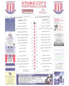 Stoke City v Chelsea official colour teamsheet 16/02/2003 F.A. Cup