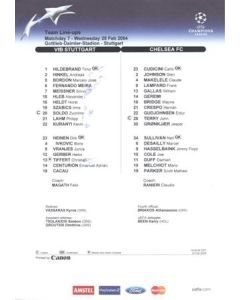 Stuttgart v Chelsea teamsheet 25/02/2004 Chamions League, written on