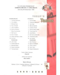 Sunderland v Chelsea official colour teamsheet 04/12/1999 Premier League