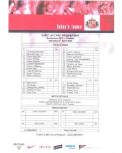 Sunderland v Chelsea official colour teamsheet 05/04/2003 Premier League