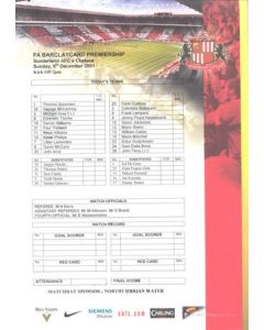 Sunderland v Chelsea official colour teamsheet 09/12/2001 Premier League