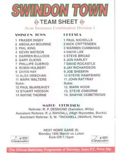 Swindon Town v Chelsea colour teamsheet probably of season 1997-1998