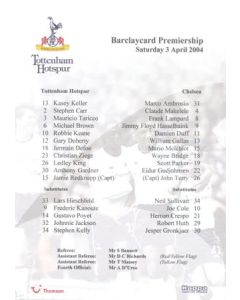 Tottenham Hotspur v Chelsea official colour teamsheet 03/04/2004 Premier League