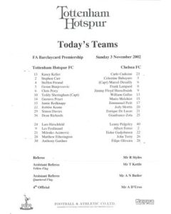 Tottenham Hotspur v Chelsea official teamsheet 03/11/2002 Premier League