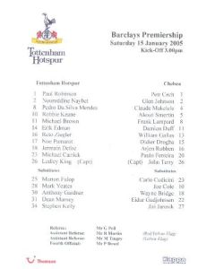Tottenham Hotspur v Chelsea official teamsheet 15/01/2005 Barclays Premiership match