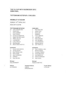 2012 FA Cup Semi-Final Tottenham Hotspur v Chelsea official teamsheet 15/04/2012
