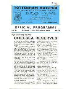 Tottenham Hotspur Reserves vChelsea Reserves official programme 14/11/1970
