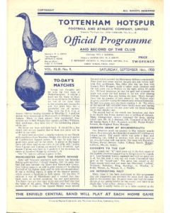 Tottenham Hotspur Reserves vChelsea Reserves official programme 16/09/1950