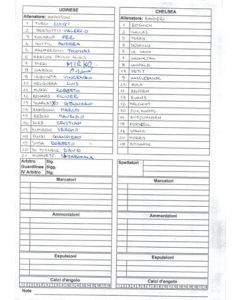 Udinese v Chelsea handwritten teamsheet 11/08/2001