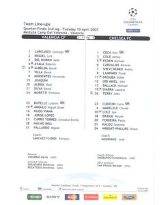 Valencia v Chelsea official teamsheet 10/04/2007 Champions League