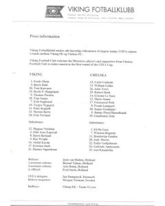 Viking v Chelsea official teamsheet 03/10/2002 UEFA Cup