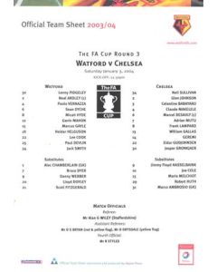 Watford v Chelsea official teamsheet 03/01/2004 F.A. Cup