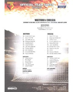 Watford v Chelsea official colour printed teamsheet14/02/2009