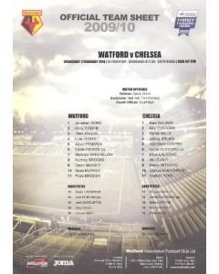 Watford v Chelsea official colour teamsheet 17/02/2010 FA Youth Cup